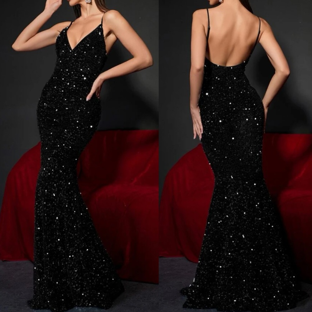 Luxe black V neck open back mermaid hem sequins party formal evening gown dress